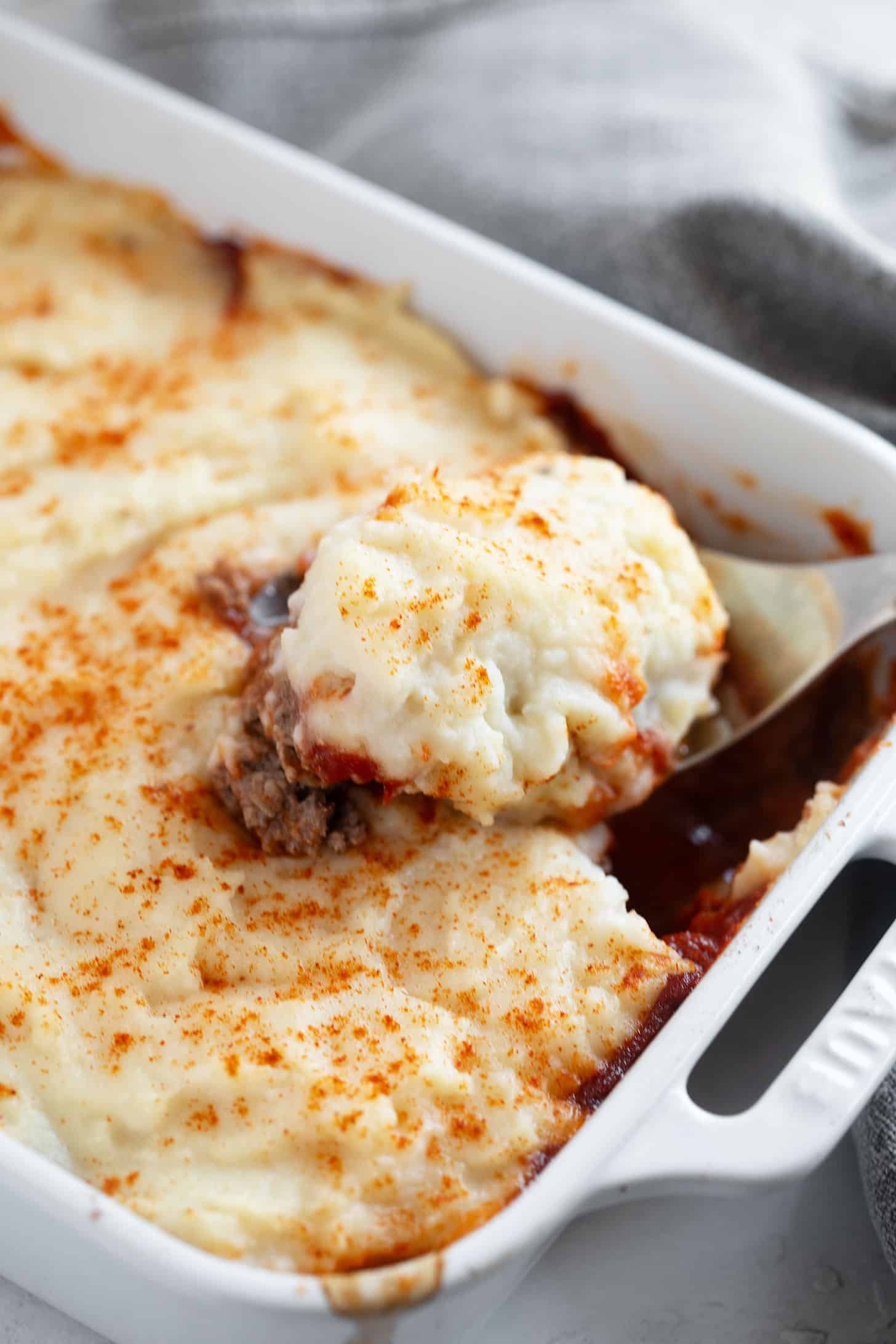 Meatloaf casserole in a baking dish.