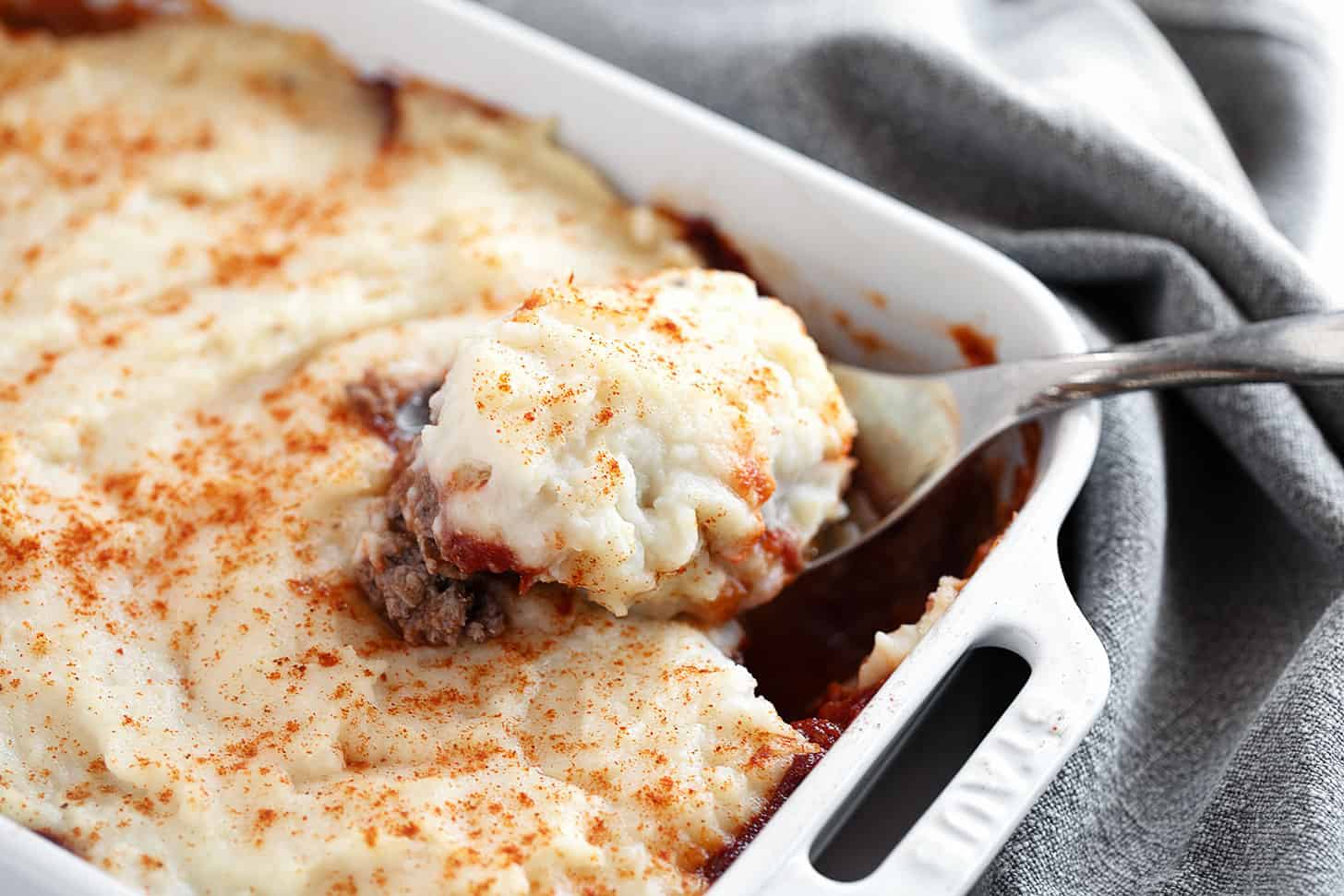 Meatloaf casserole in a baking dish.