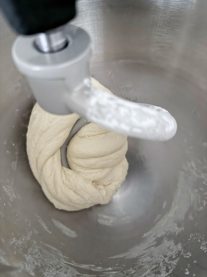 Finished dough in the stand mixer bowl.