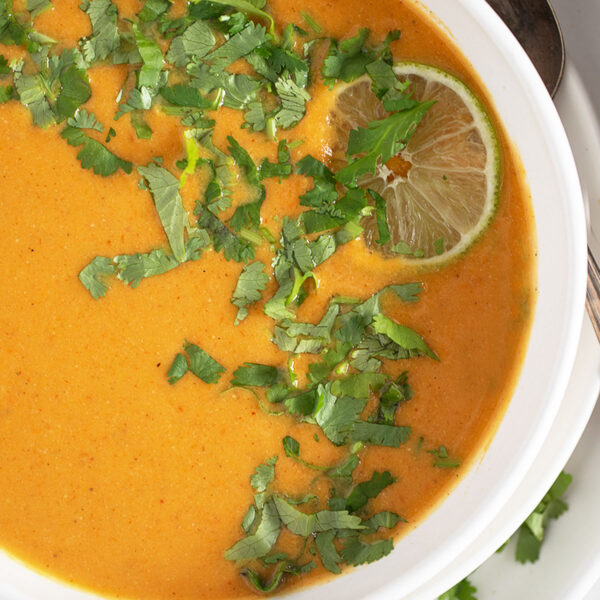 Sweet potato coconut soup in a bowl.