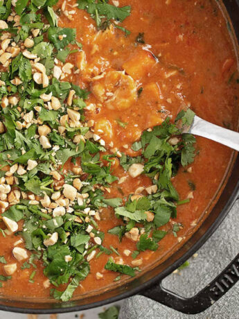 African chicken stew in a skillet.