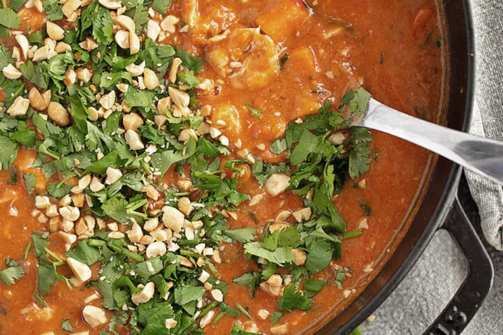 African chicken stew in a skillet.