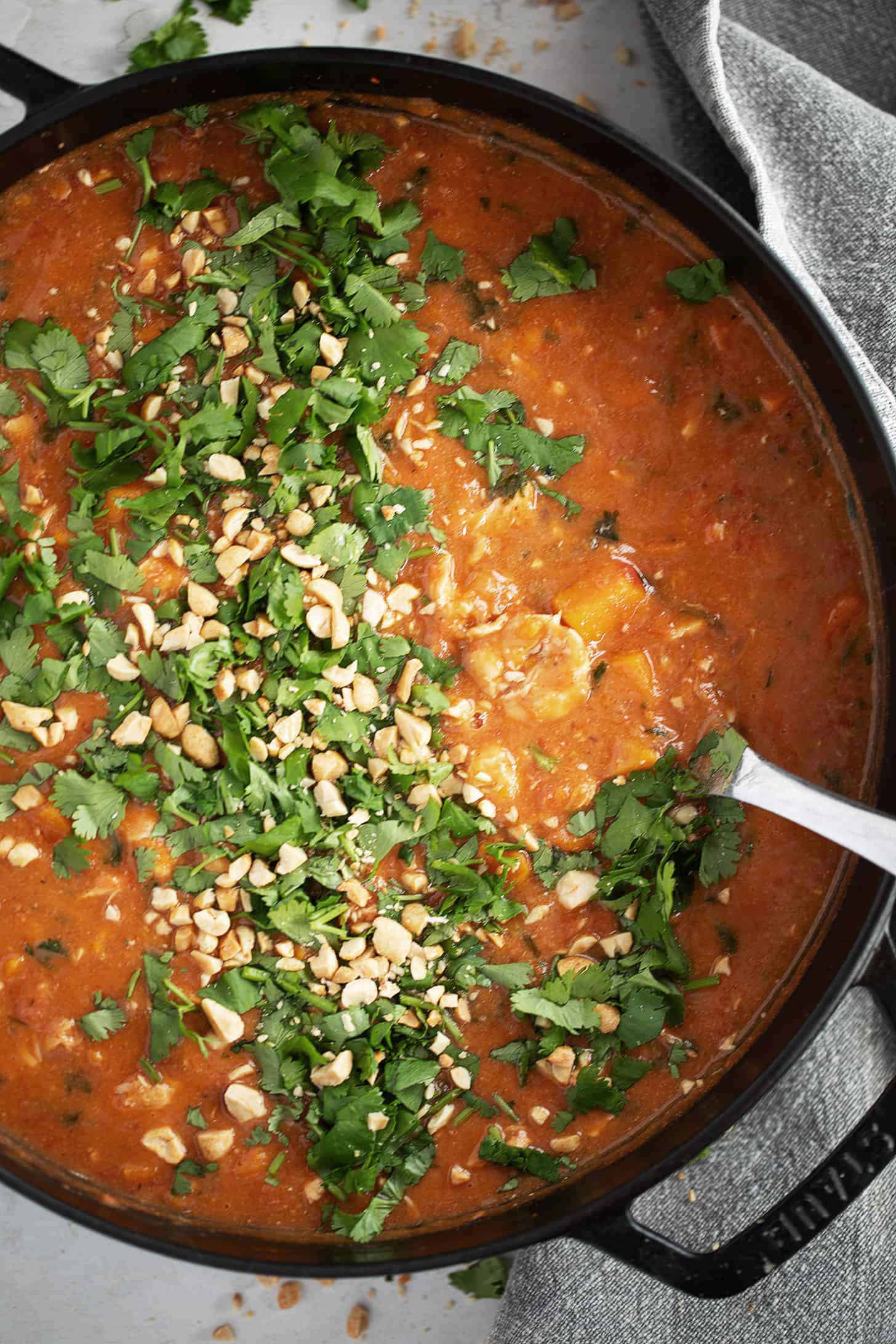 African chicken stew in a skillet.