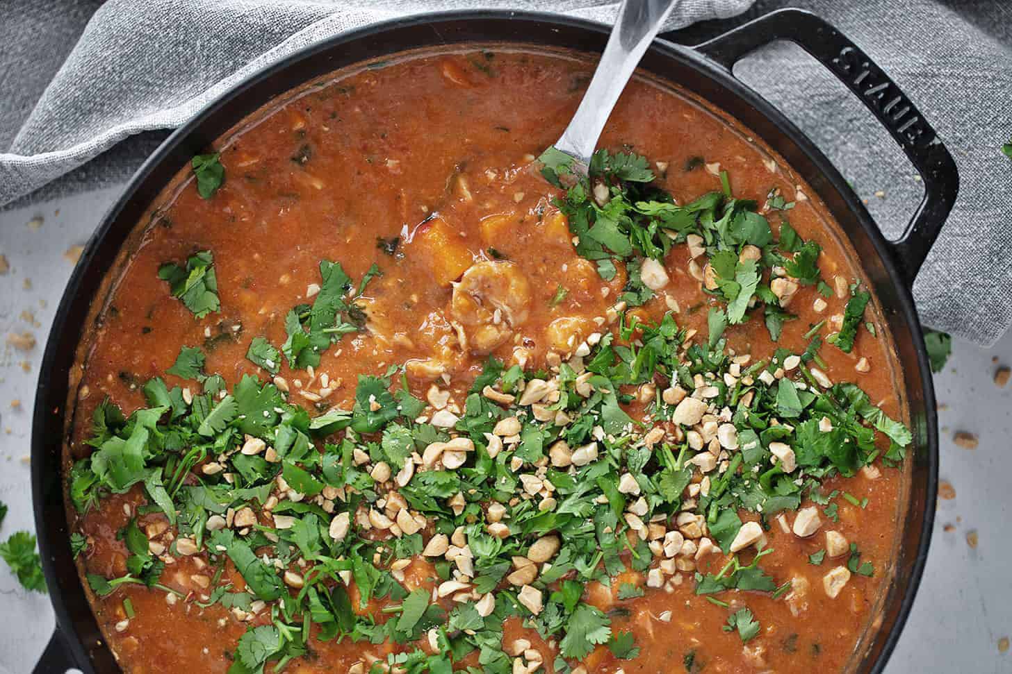 African chicken stew in a skillet.