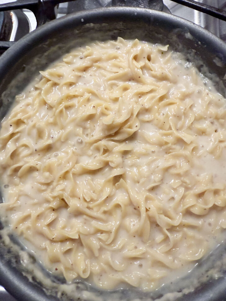 Cafeteria noodles cooked in the skillet.