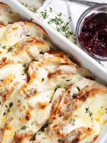 Croque monsieur casserole in a baking pan.