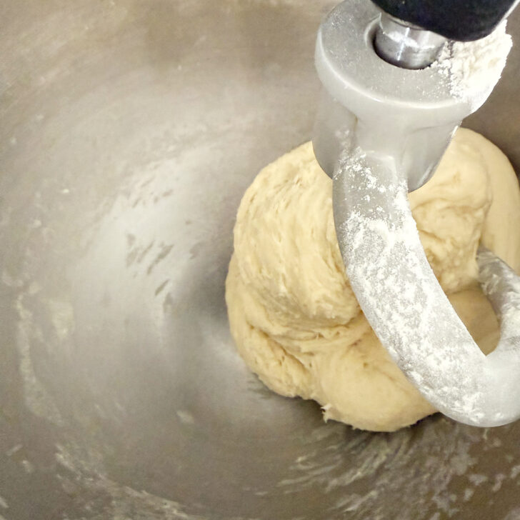 Dough in the mixing bowl after kneading.