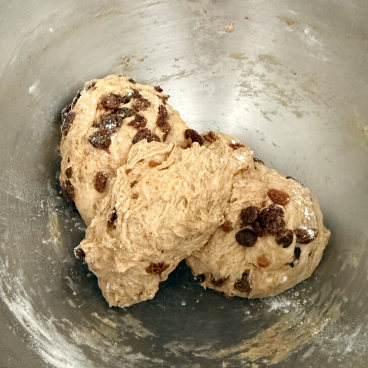 Dough after adding raisins and cinnamon.