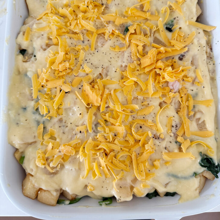 Finished casserole in the baking dish before baking.