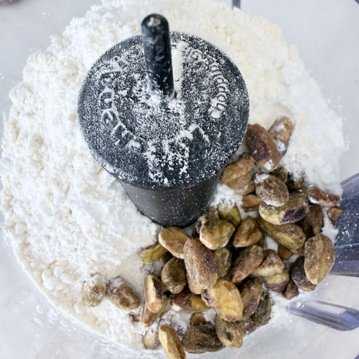 Dry ingredients for the base in a food processor.