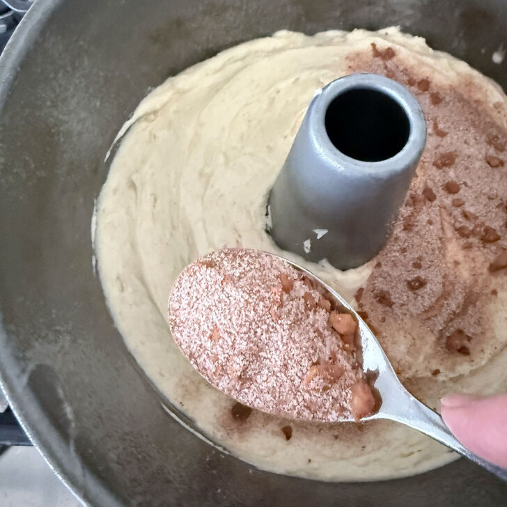 Sprinkling the cinnamon layer onto the batter in the tube pan.