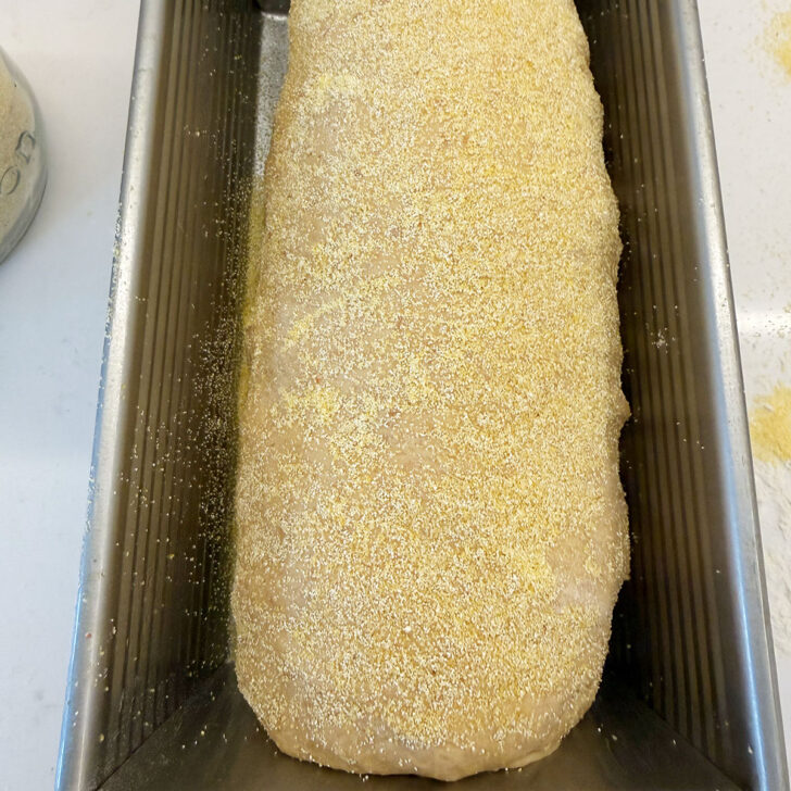 Dough shaped and rolled in cornmeal in a greased loaf pan.