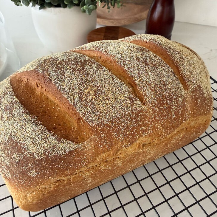 Baked Anadama bread cooling on a cooling rack after baking.