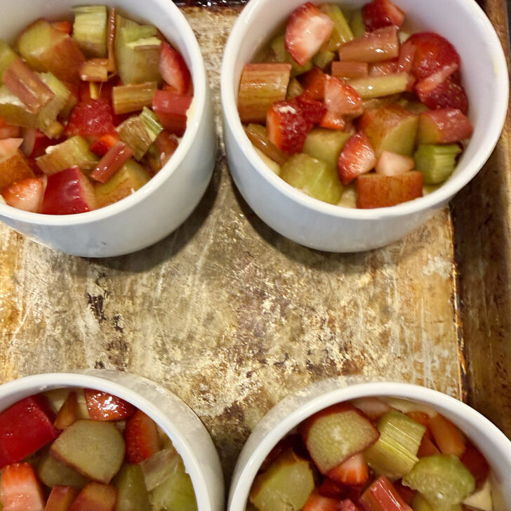 Chopped rhubarb added to the top of the cake batter.