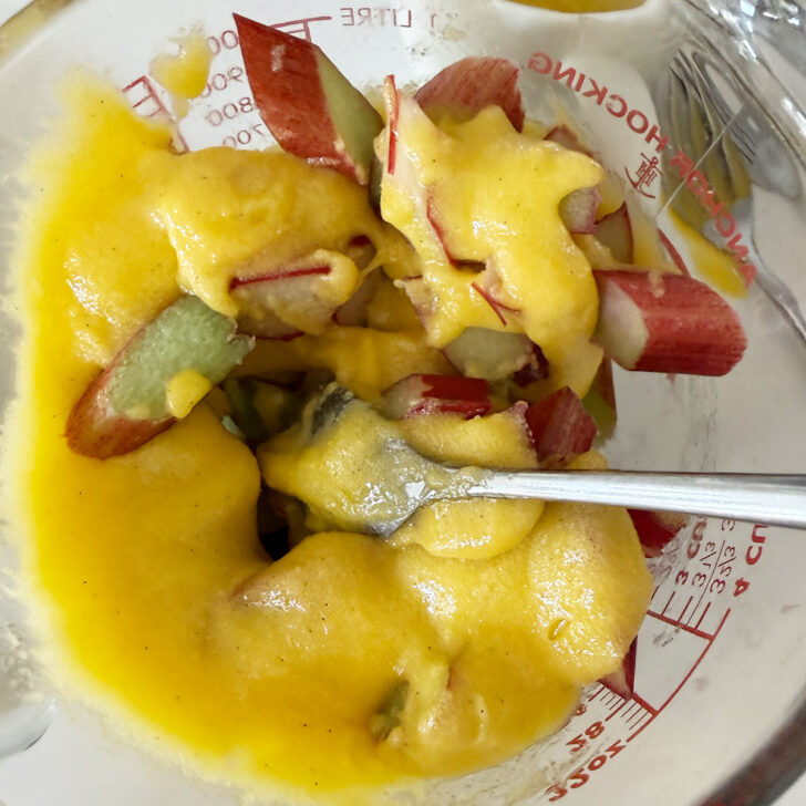 Custard filling combined with chopped rhubarb.
