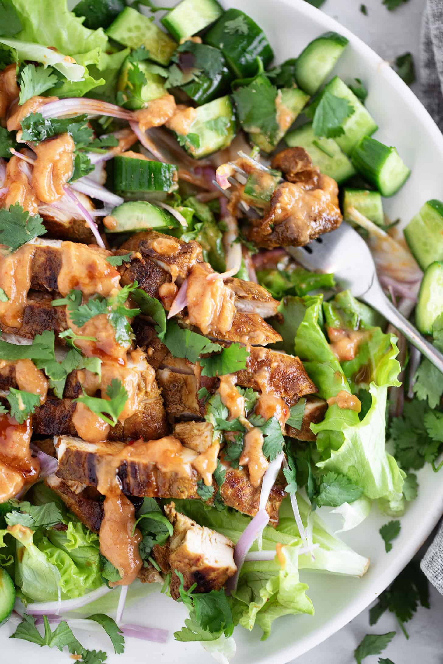 Peanut chicken salad plated with lime wedges.