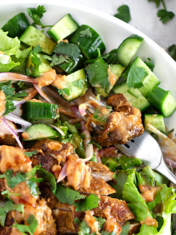 Peanut chicken salad plated with lime wedges.