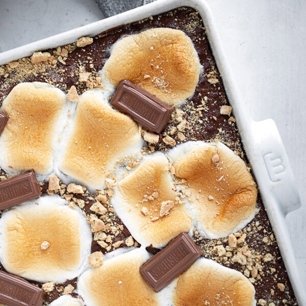 S'mores brownies in the baking pan.