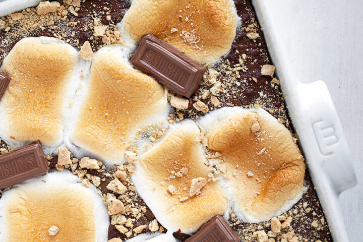 S'mores brownies in the baking pan.