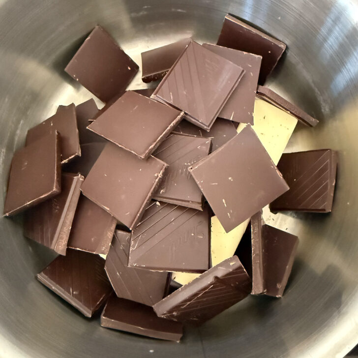 Chocolate and butter in a saucepan before melting.