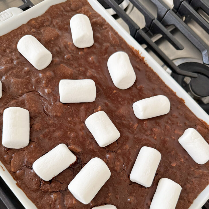 Marshmallows added to the partially-cooked s'mores brownies.