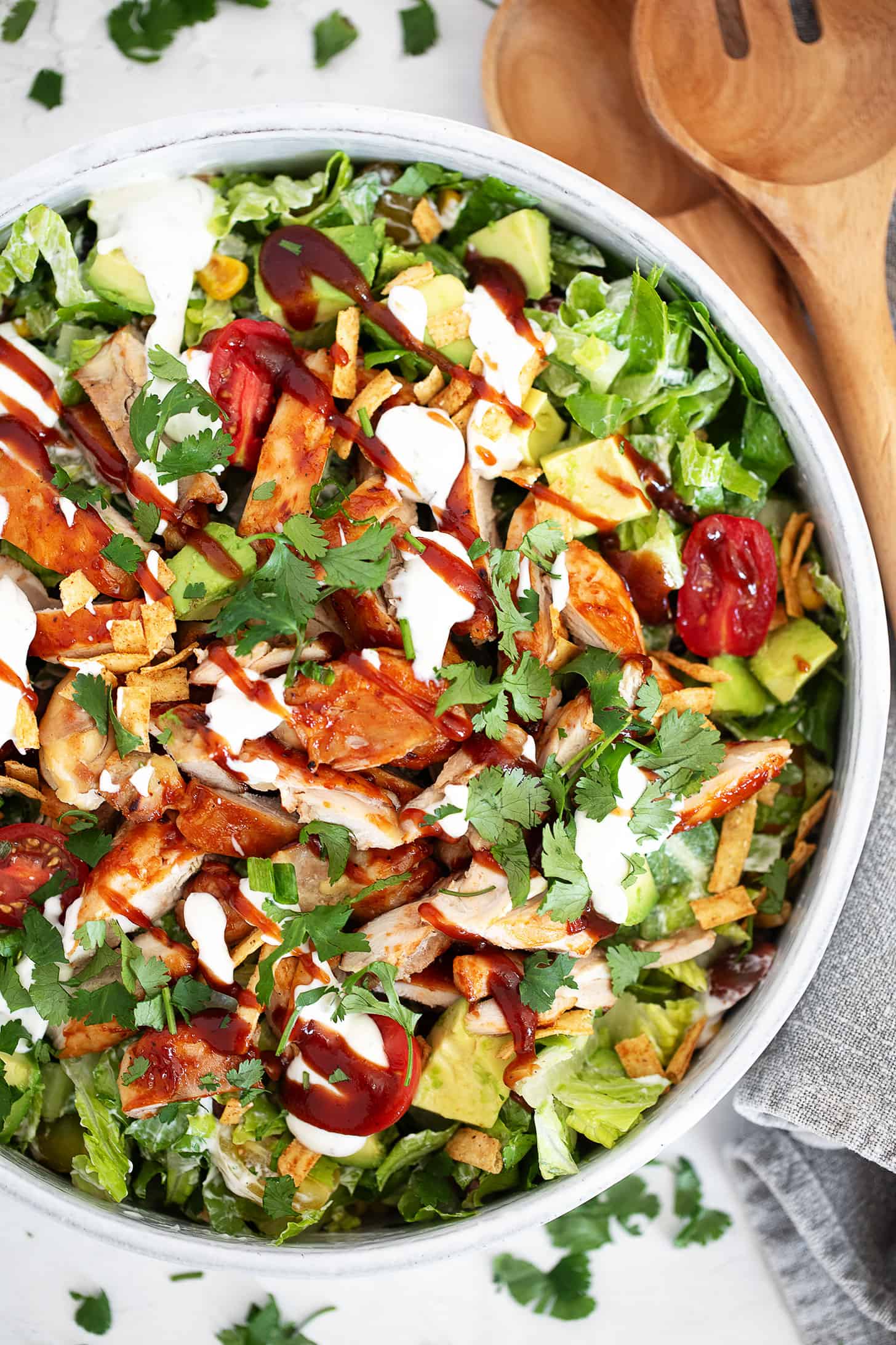 BBQ chicken dinner salad in a serving bowl.