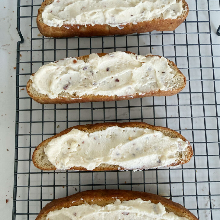 Mascarpone mixture spread onto toasted focaccia slices.