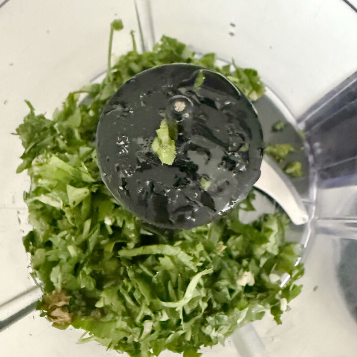 Zhug ingredients in a food processor.