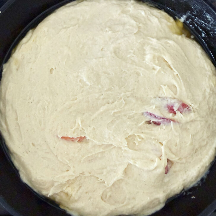 Peach upside down cake ready for the oven.
