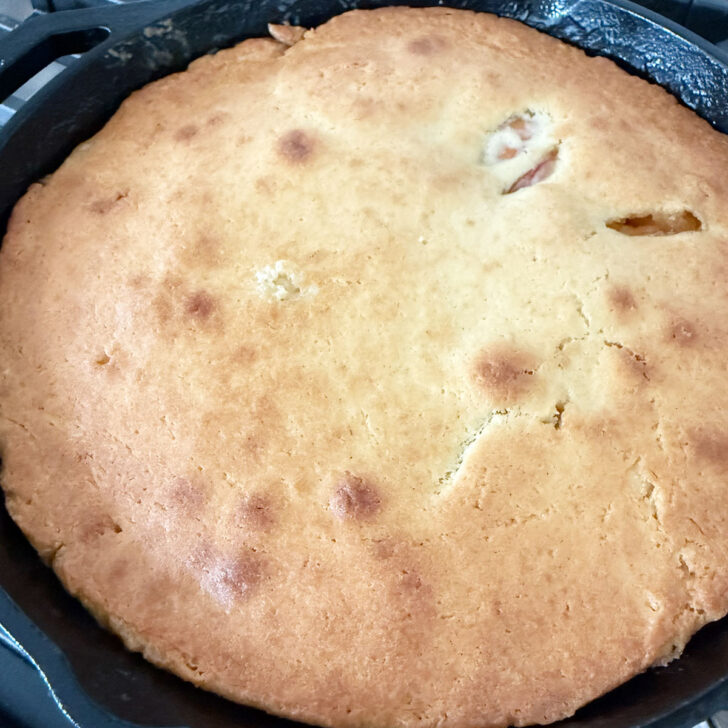 Peach upside down cake after baking.