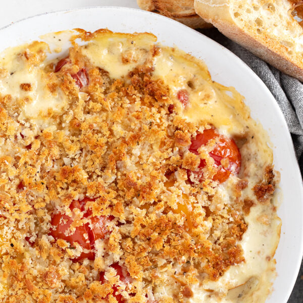Tomato gratin in the baking dish with toasted bread slices on the side.