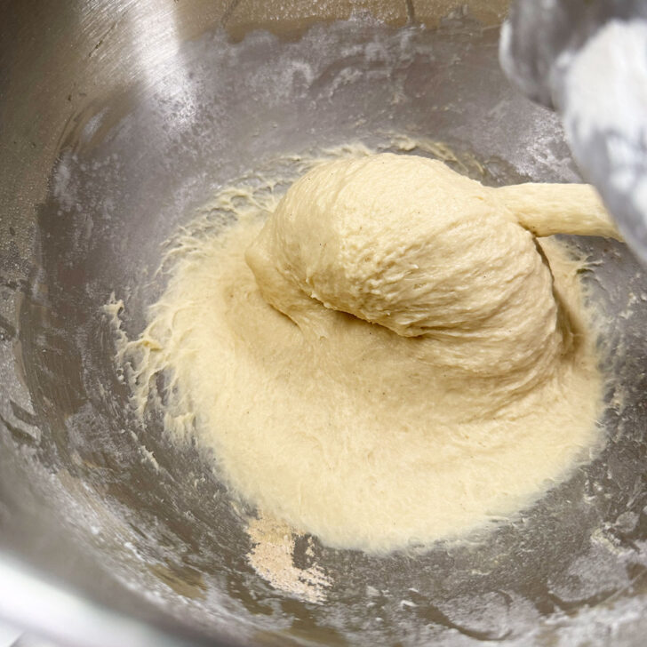 Finished Kuchen dough in the mixing bowl.