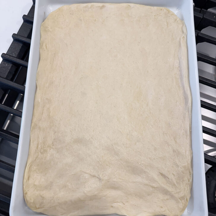 Kuchen dough pressed into a 9x13 inch pan.