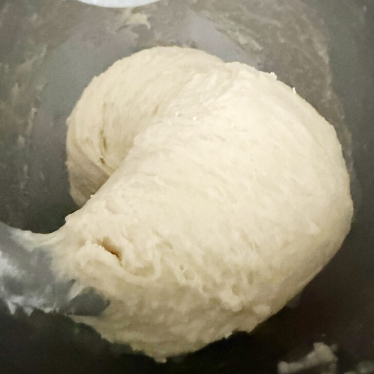 Finished bun dough in the mixer bowl.