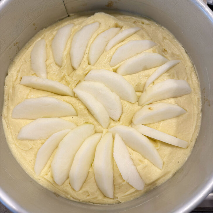 Apple slices placed on top of the cake batter.