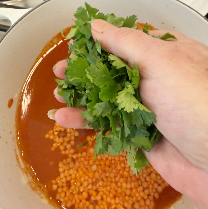 Adding chopped cilantro to the soup pot.