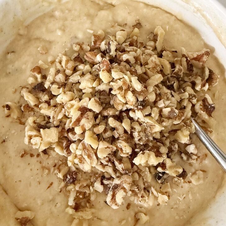 Chopped walnuts added to the maple walnut date muffin batter.